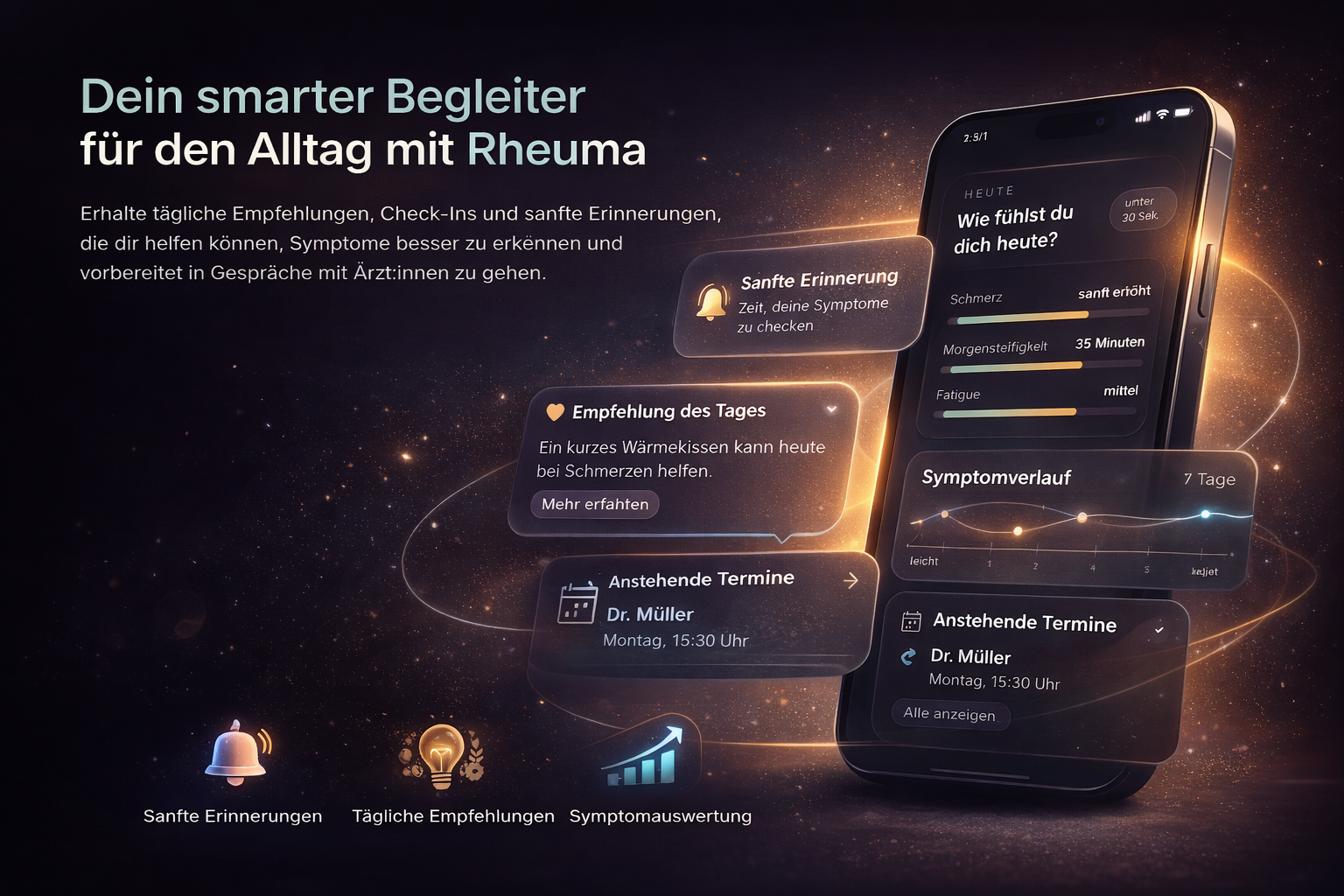 Stilisierte Showcase-Szene des Rheuma-Begleiters mit Person, Verlauf und Tagescheck.